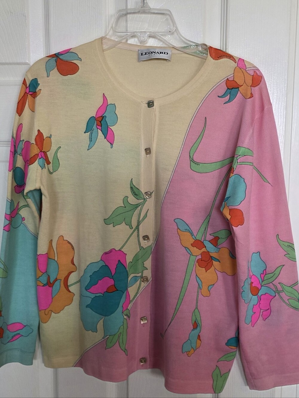 Leonard Paris Pink Yellow Floral 100% Wool Button Cardigan L **Read Description
